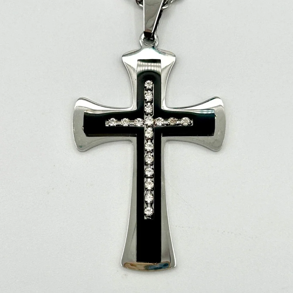 Gothic Stainless Steel Cross Pendant Black Enamel Rhinestone Necklace 24 Inch